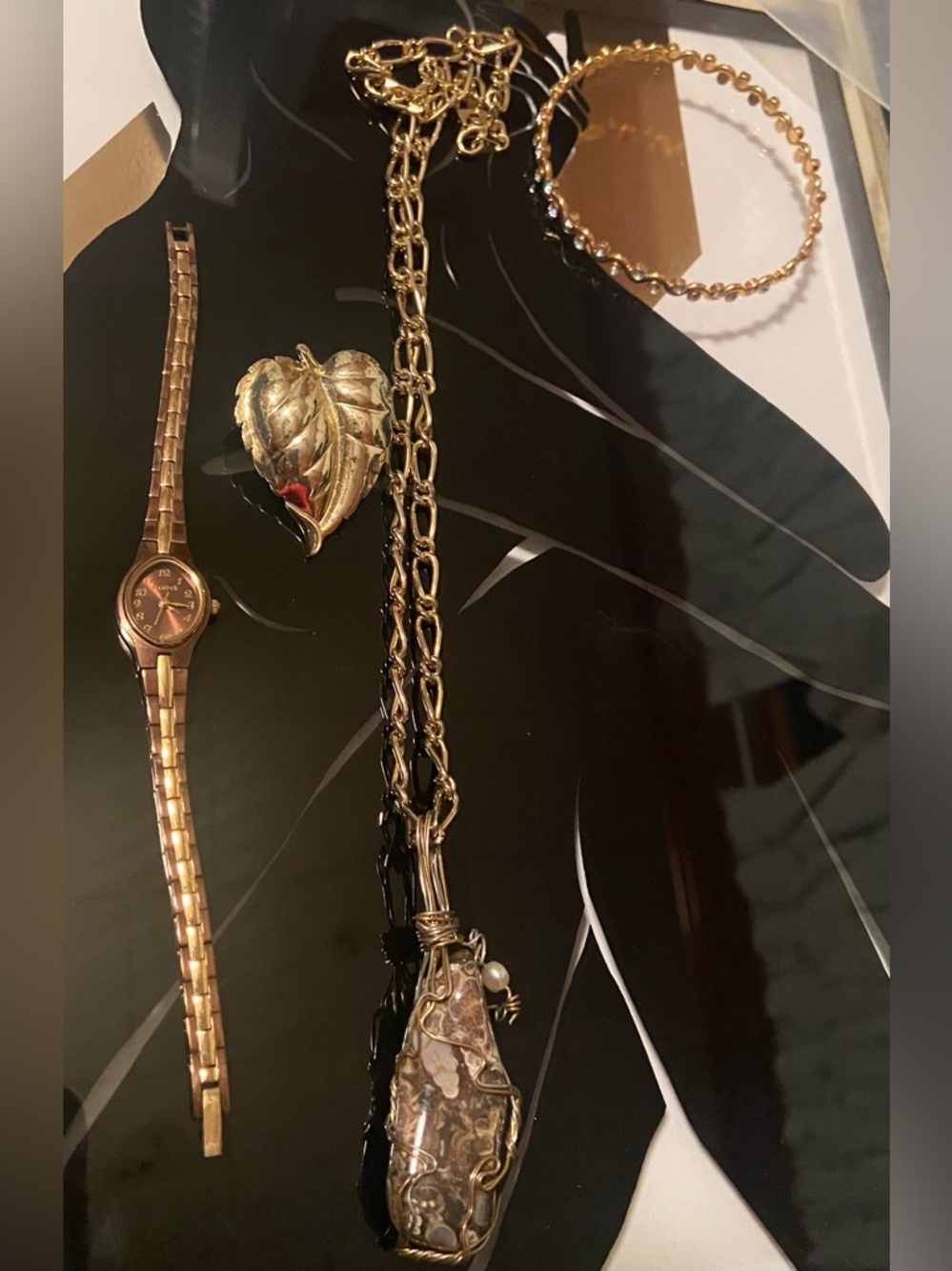 Wire Wrapped Turritella Stone Necklace, an Elgin Watch, Bangle, & Scarf Clip#338